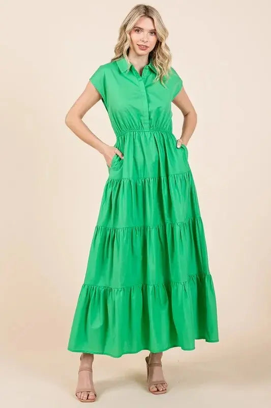 Mittoshop Button Up Collared Tiered Maxi Shirt Dress - Love Salve